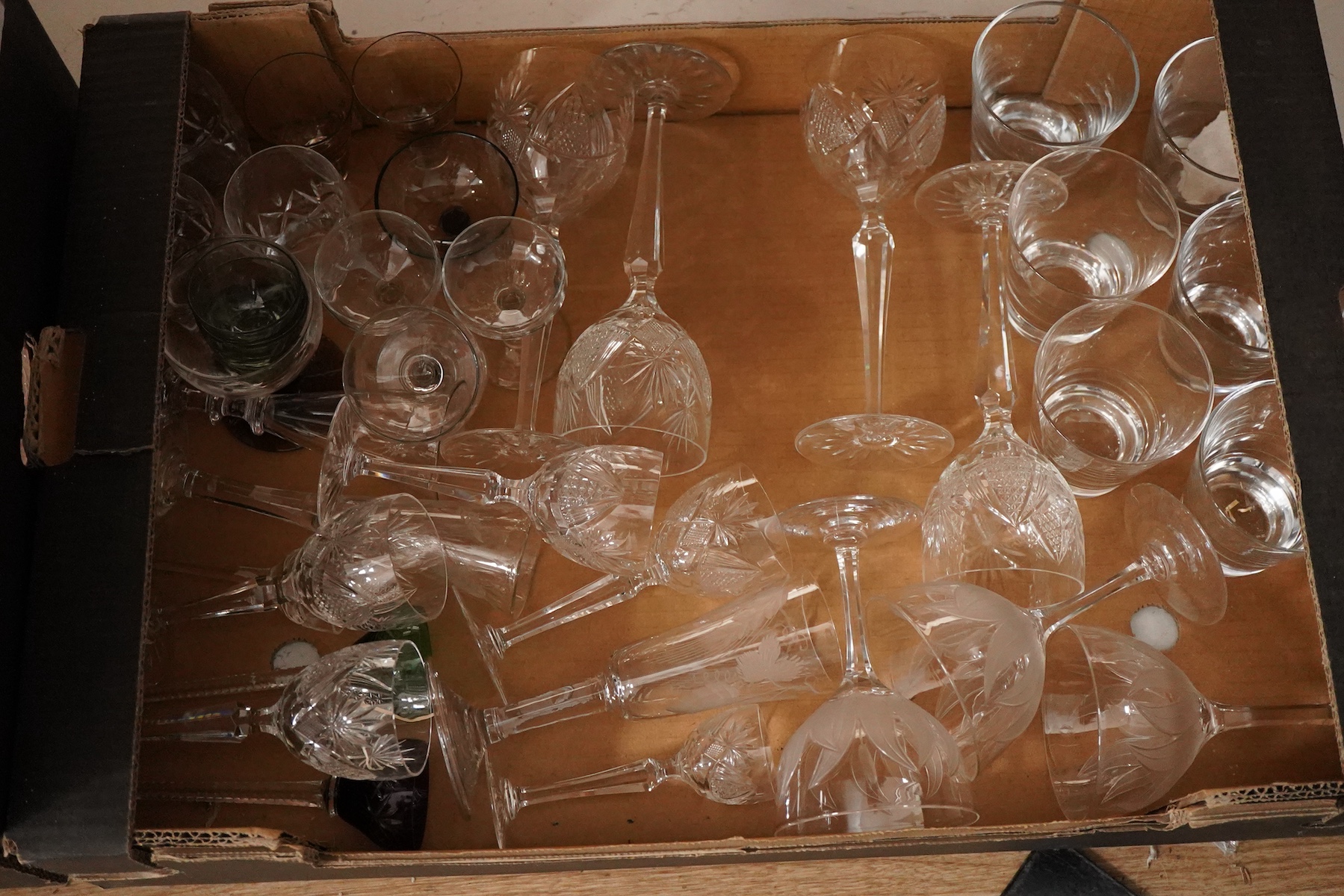 A mixed collection of cut glass wine glasses, spirit and other drinking glasses etc